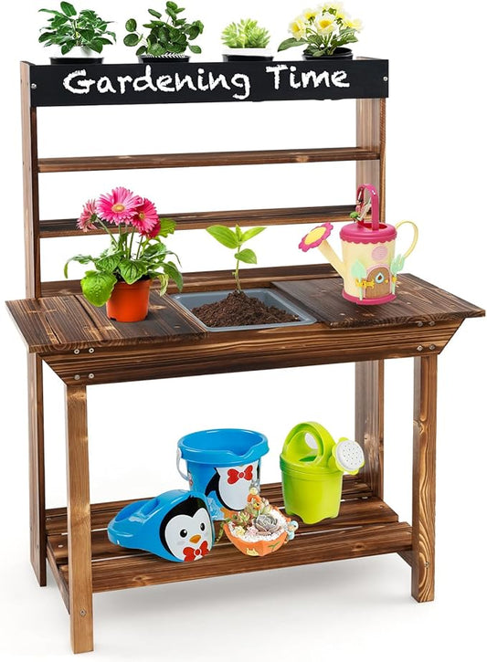 HONEY JOY Mud Kitchen, Fir Wood Kids Potting Bench Table, Removable Sink, 4 Planting Cups, Chalkboard, Outdoor Play Kitchen for Toddlers, Garden Time Mud Kitchen for Kids Outdoor Backyard