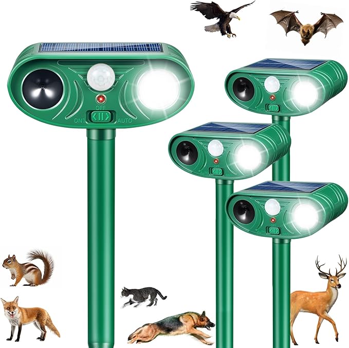 4 Pack Solar Ultrasonic Animal Repellent Outdoor Cat Rabbit Squirrel Dog Deer Repellent Devices Coyote Skunk Raccoon Fox Deterrents Light Animal Repeller with Motion Sensor for Yard Garden