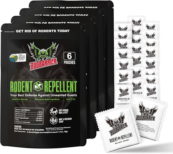 BugBarrier's Rodent Repellent Pouches – Plant-Powered Rat Mouse Deterrent, Indoor Mice, Natural Rat & Mouse Repellent Extra-Strength Peppermint & Rosemary Oils (Pack of 24)
