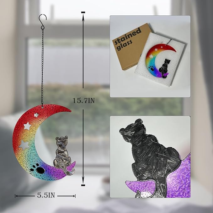 Stained Glass Window Hanging - Colorful Gradient Moon Suncatcher for Door Terrace Garden Home Decor Black Kitten Sun Catcher Birthday Gifts for Lovers Women Men Dad Mom Nana 6.3 in