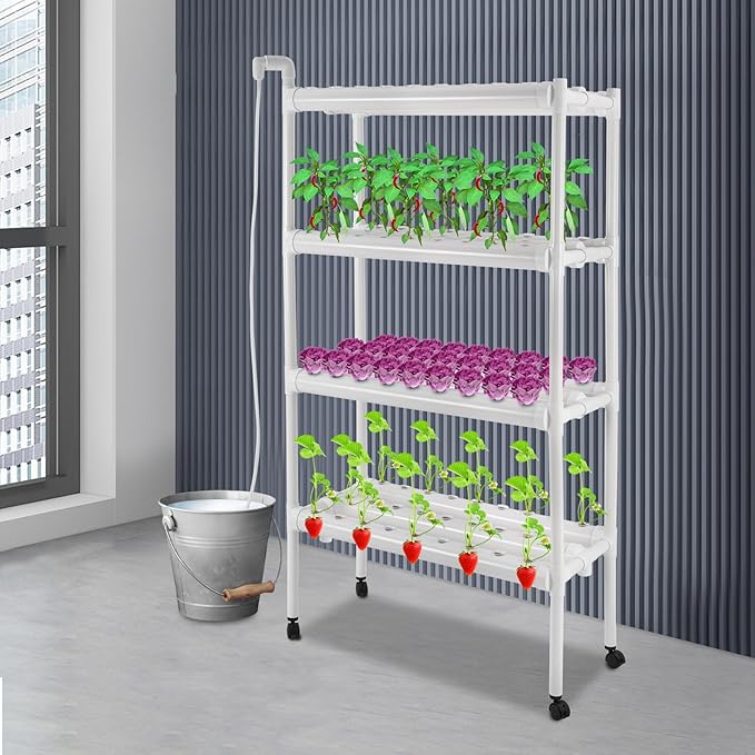 Hydroponics Growing System with Water Pump and Timing, 4 Layers Hydroponic Vegetable Growing Kit 108 Sites Food-Grade PVC-U Pipes for Fruits, Vegetables, Herbs