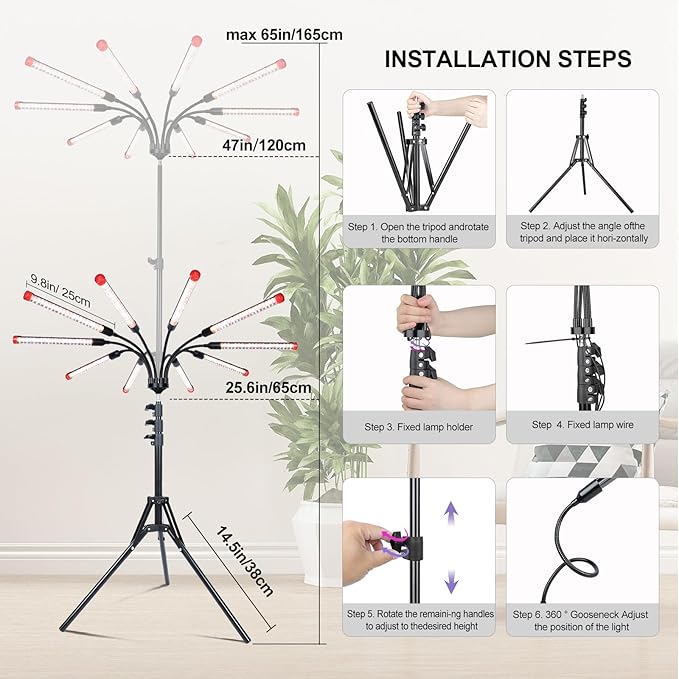 10Head Grow Lights for Indoor Plants, Seed Starting, Vegetables, Bonsai with Tripod Stand and Auto On/Off Timer 4/8/12H, 90W Power Full Spectrum Standing LED Plant Growing Lamps, 360° Gooseneck