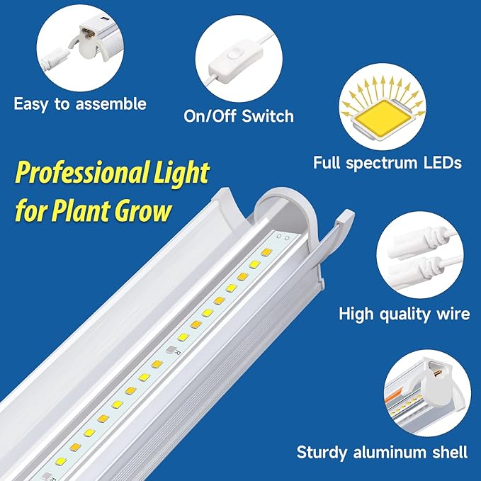 Plant Lights for Indoor Growing Seedlings - 16 in Long, 4-Count (10W x4) Full Spectrum T5 Grow Light Bars for Seed Starting, 4000K White LED Grow Lamp w/Reflectors for Shelf/Rack