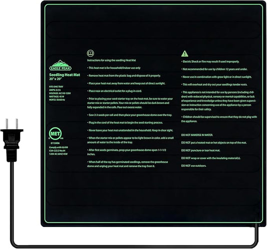 EAGLE PEAK Waterproof Seedling Heat Mat 20" x 20", UL & MET-Certified Heating Pad for Seed Starting, Germination, and Hydroponic Gardening, Includes (1) Warming Mat