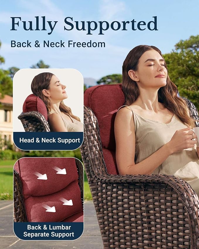 HILLGA Luxury Patio Furniture Set with 6-inch Thick Cushion, Outdoor High Back Swivel Rocker Patio Chairs, 5PCS Wicker Conversation Set for Deck Yard and Poolside, Burgundy (V2)