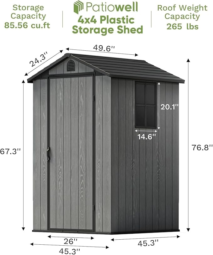 Patiowell 4 x 4 FT Plastic Outdoor Storage Shed with Floor, Garden Tool Shed with Two Windows and Single Lockable Door for Garden, Backyard, Lawn, Easy to Install, Dark Grey(Fit-it Shed)