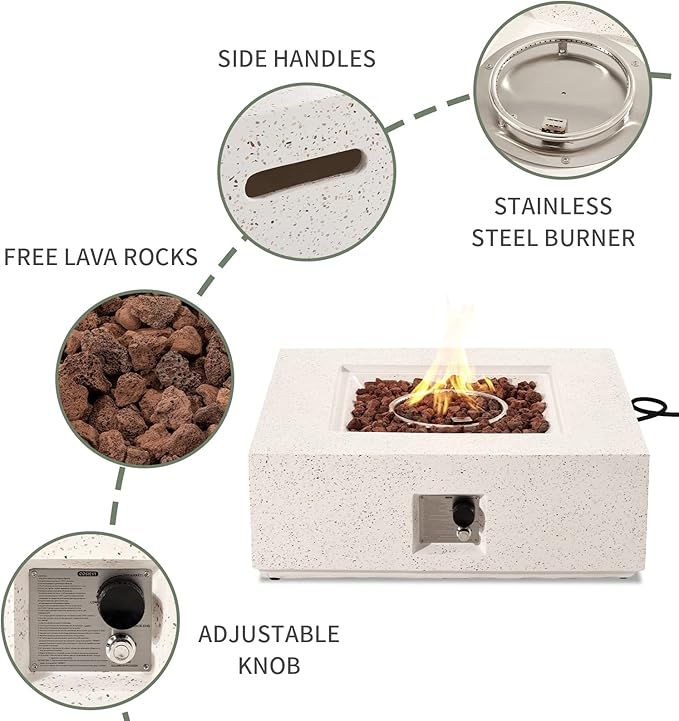 COSIEST Outdoor Propane Fire Pit Coffee Table w Square Faux Stone 35-inch Base, 50,000 BTU Stainless Steel Burner, Free Lava Rocks and Rain Cover