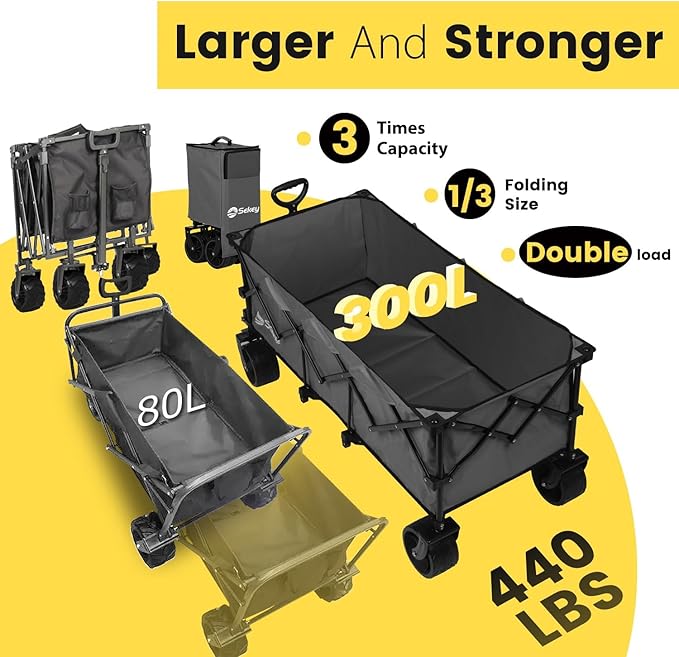 Sekey 48''L Collapsible Foldable Extended Wagon with 440lbs Weight Capacity, Heavy Duty 300L Folding Utility Garden Cart with Big All-Terrain Beach Wheels & Drink Holders. Grey