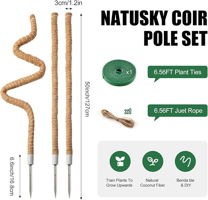 3 Pack Moss Pole, 50 Inch Moss Poles for Climbing Plants Stakes Indoor Monstera Support Tall Large Bendable Long Coco Coir DIY for Potted Plants, Pothos, Philodendron