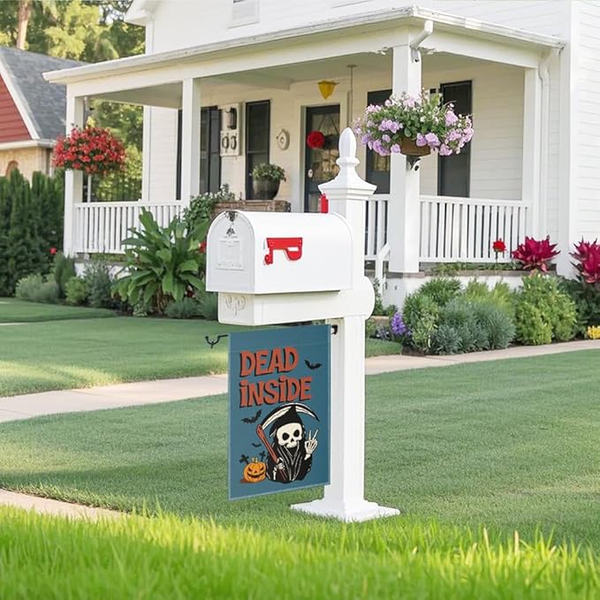 Dead Inside Garden Flag, Funny Pumpkin Spooky Yard Flag for Outside, Welcome Autumn Fall Halloween Front Porch Lawn Decoration, Funny Skeleton Peace Sign Home Banner