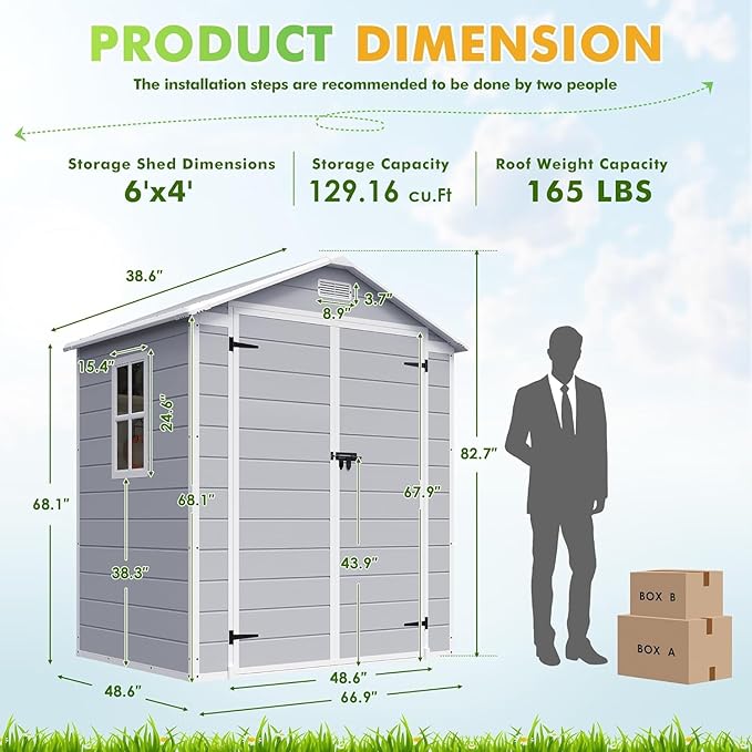 Devoko 6x4FT Outdoor Storage Shed with Lockable Door, Waterproof Plastic Resin Garden Shed Tool with Floor for Backyard, Patio, Lawn, Pool Supplies (Grey)