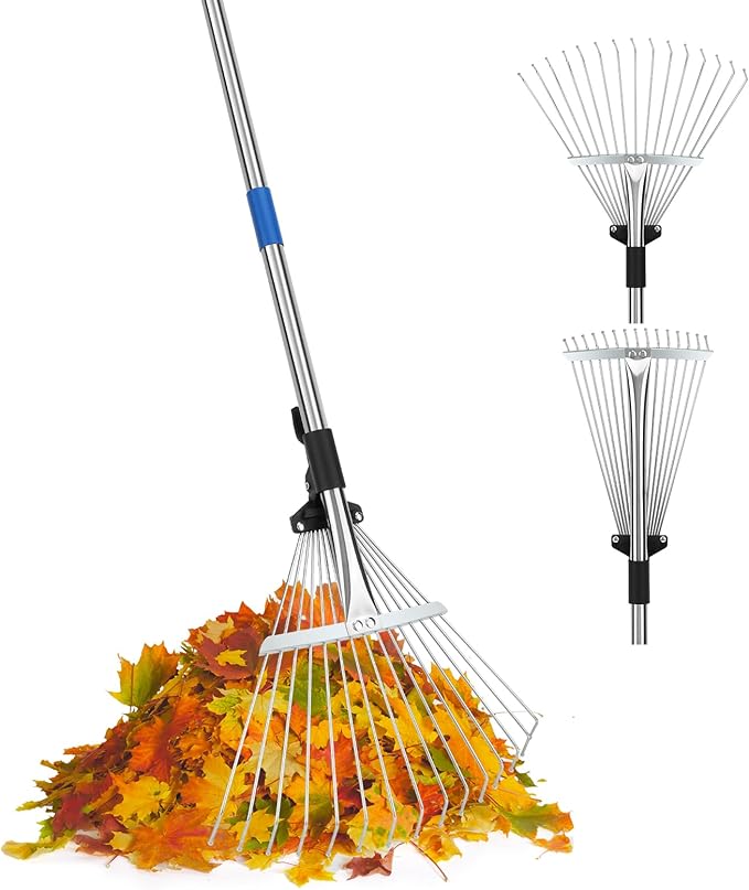 SAN LIKE 68" Metal Rake With Adjustable Handle for Leaves, Thatch, and Lawns - Heavy Duty Leaf Collector for Garden and Yard
