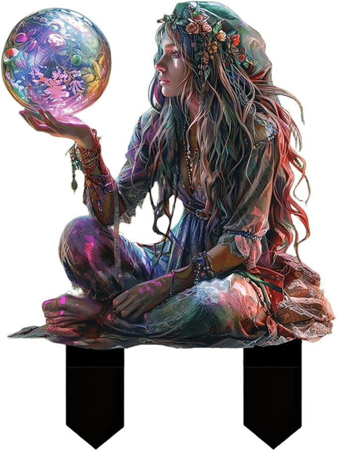 Fairy Garden Stake Decor, 2D Flat Acrylic Fairy Garden Decor Panel, Elf Yard Sign for Outdoor Indoor Yard Lawn Plants Pots, Fairy Garden Accessories (Maiden with Magic Ball)