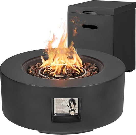 ECOTOUGE 2-Piece Gas Fire Pit, Outdoor Propane Firepit Table Set w/Tank Cover, 30''Auto-Ignition Round Steel Fire Table, 50,000 BTU Concrete fire Pit w/Weather-Resistant Pit Cover, Lava Rocks, Black