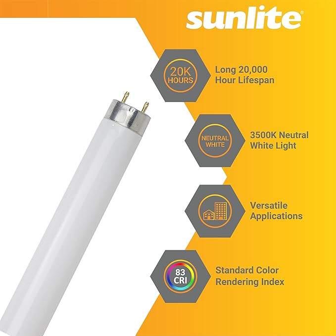Sunlite F32T8/SP835 T8 Linear Fluorescent Lamp, 32 Watts, 3050 Lumens, 3500K Neutral White, Medium G13 Bi Pin Base, High Performance Straight Tube, 30 Pack