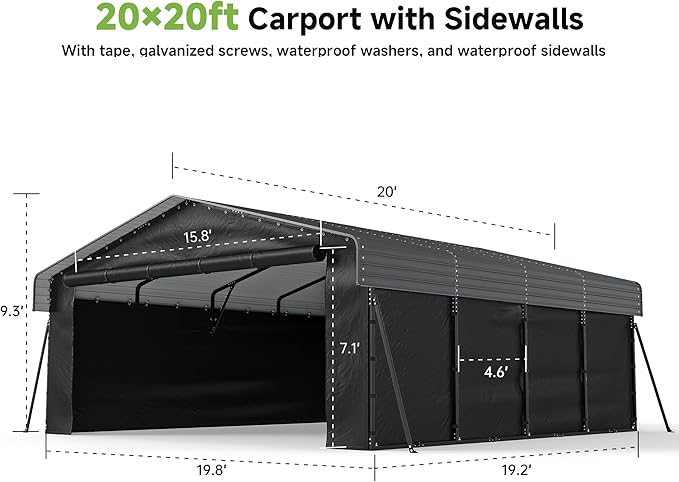 Real Relax 20x20ft Heavy Duty Metal Carport, Galvanized Steel Roof with Removable Sidewalls, 4 Support Legs, Outdoor Car Port Shelter for 2 Car Carport, Trucks and Boats