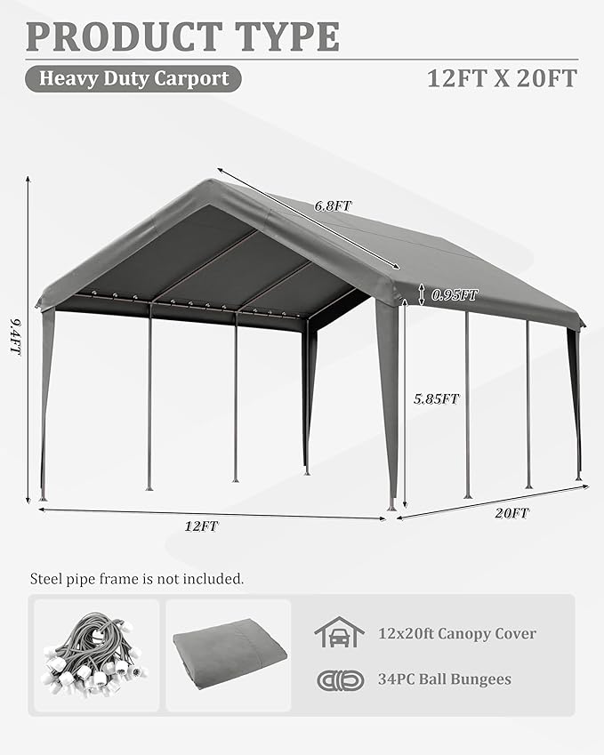 Carport Canopy Replacement Cover 12x20 Heavy Duty Outdoor Portable Car Canopy Oxford Waterproof UV & Tear Resistant Garage Canopy with Ball Bungees (Frame is Not Included)