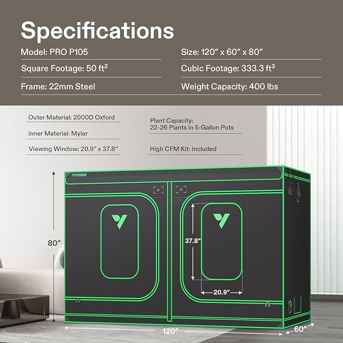 VIVOSUN P105 120"×60"×80" PRO Grow Tent, with Thick 1 inch Poles, Strengthened High Reflective Mylar Oxford Fabric, Extra Hanging Bars & High CFM Kit for Hydroponics Indoor Plant for VSFD6500×2