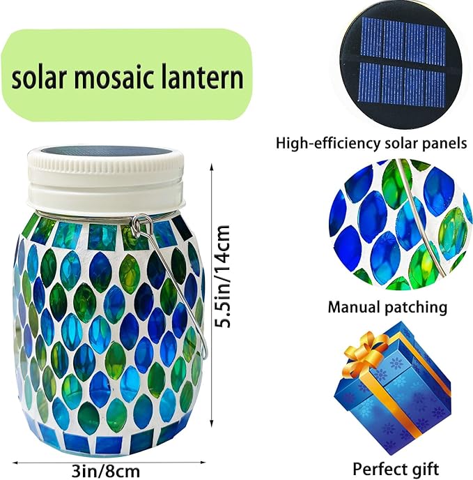 Mosaic Garden Decor Solar Outdoor Hanging Lights,Solar Mosaic Lanterns Christmas Gifts for Women Mom Grandma Halloween and Garden,Patio,Pathway & Yard Décor (Bule)