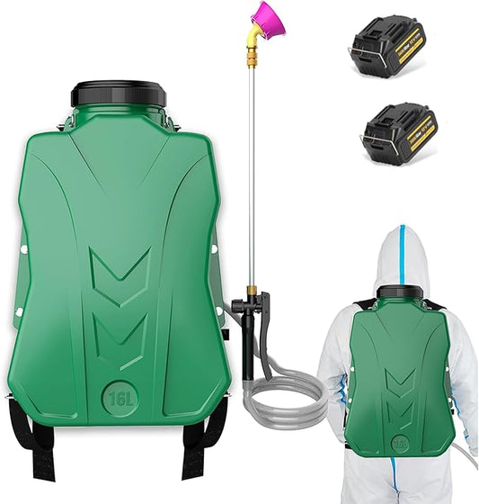 Backpack Sprayer 4 Gallon, Battery Powered Garden Sprayer with 2 * 6.0Ah Rechargeable Battery, Lawn & Garden Sprayer with Telescopic Wand, 5 Nozzle for Weeding, Watering and Cleaning