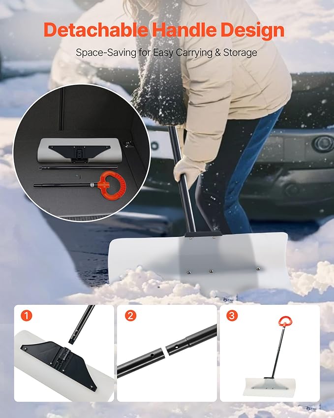 VEVOR Snow Pusher, 24 inch Wide Push Snow Shovel Plow for Driveway, Sidewalks and Doorways with Segmented Handle, Ergonomic Grip and HDPE Plastic Blade