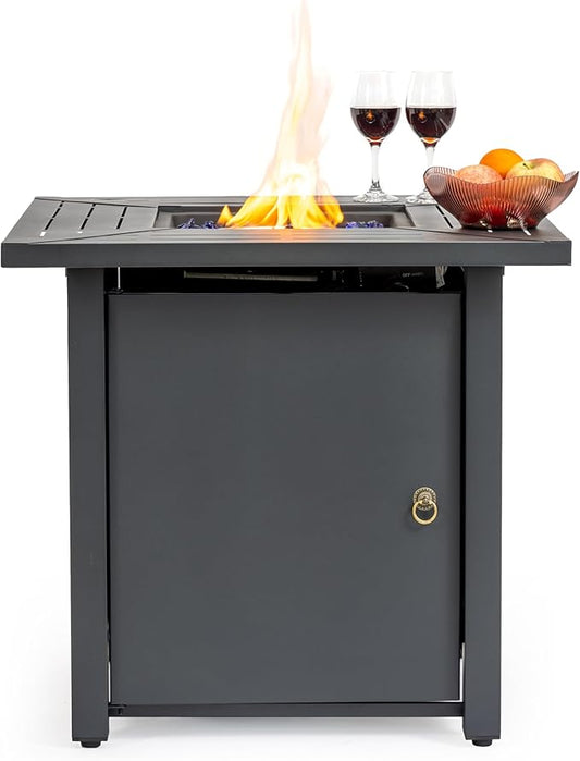 30'' Propane Fire Pit Table, 50,000 BTU Fire Table with Steel Lid, Big Legs, Blue Glass Stones.