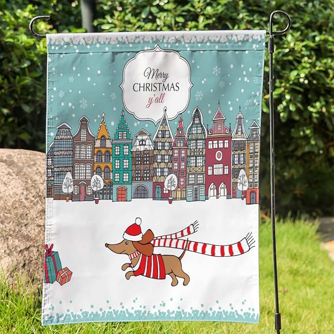 Merry Christmas Dachshund Garden Flag Christmas Card European Houses Dog Outdoor Garden Flag 12X18 Inches Double Sided Seasonal Garden Flags Kids Christmas Flag