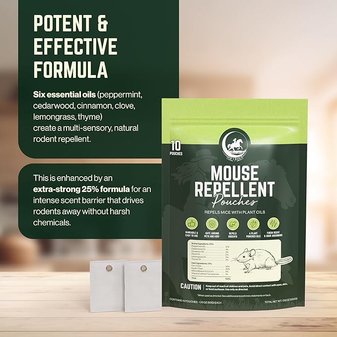 Deb's Ranch Cinnamon & Peppermint Mouse Repellent Pouches | 25% Essential Oils | Hangable Rodent Deterrent for House, RV & Car, 10-Pack