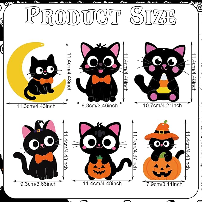 Yexiya 24 Sets Halloween Craft Kits Black Cat Crafts DIY Hanging Ornaments with Sticker and Ribbon Pumpkin Moon Corn Paper Hanging Decor for Halloween Party Decoration