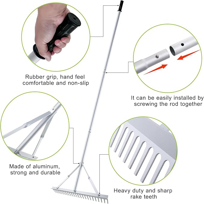 24 Inch Aluminum Landscape Rake, Garden Rake, Heavy Duty Rakes for Lawns, Metal Rake for Gardening, Loosening Soil, Lawn Care, Lake and Beach