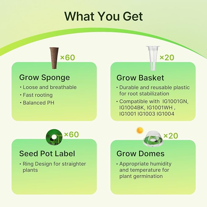 160pcs Hydroponic Pods, Accessories Compatible with Suncoze & Other Hydroponics Growing Systems, Gardening Supplies Garden Pods Include 60 Grow Sponges, 20 Grow Baskets, 20 Domes, 60 Labels