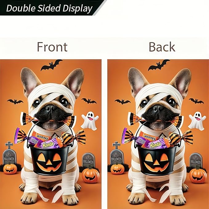 Halloween Decorations Outdoor Garden Flag 12x18 Inch Double Sided French Bulldog Dog Pumpkin Ghost Fall Decor Yard Lawn Porch Patio Halloween Garden Flags