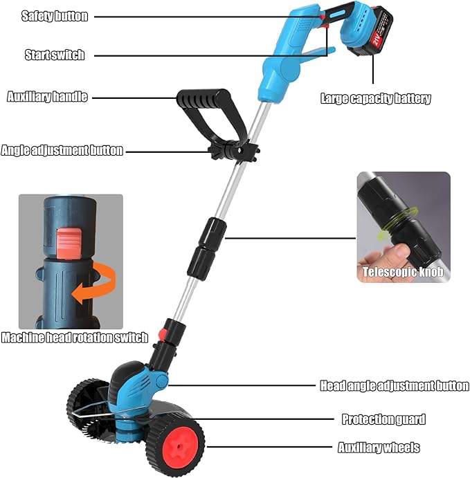 Electric Weed Wacker Cordless Eater Battery Powered Eater Lightweight Edger Portable Stringless Grass Trimmer/Lawn Mower/Brush Cutter, with 3 Types Blades & Wheels for Yard and Garden-Blue