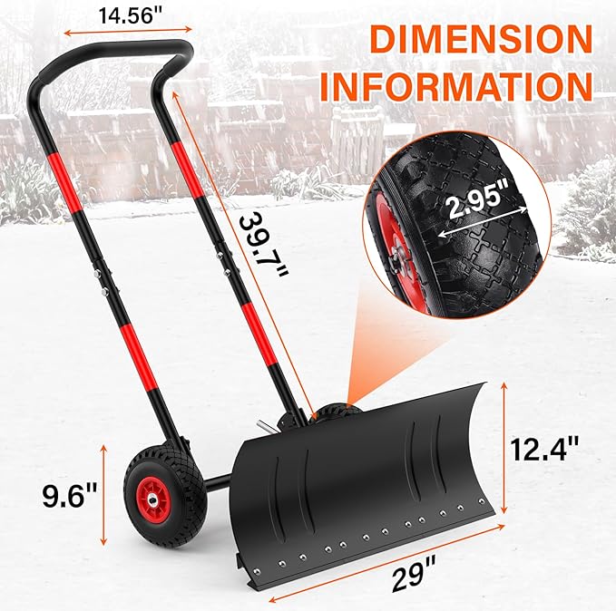 Snow Shovel with Wheels,Heavy Duty Steel Snow Shovel Pusher for Driveways,Sidewalks,3 Level Adjustable Handle and Angle Blade Push Plow