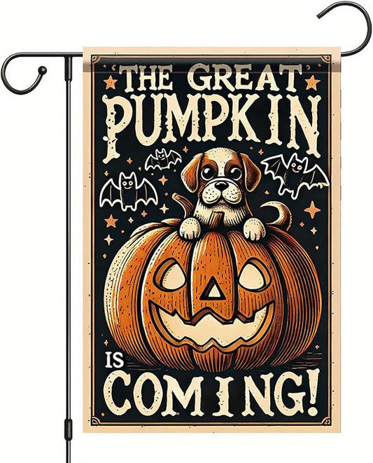 Halloween Garden Flag Pumpkin Dog Design Outdoor Yard Banner Autumn Fall Decoration Jack O Lantern Pumpkin Lawn Holiday Party Home Decor 12x18 Inch Double Sided Seasonal House Flag