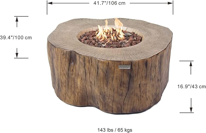 Elementi | Bundle Manchester Gas Fire Pit Cast Concrete Semi-Round Fire Table, Outdoor Fire Pit Electronic Ignition | Canvas Cover, Lava Rock Included | Red Wood | Natural Gas