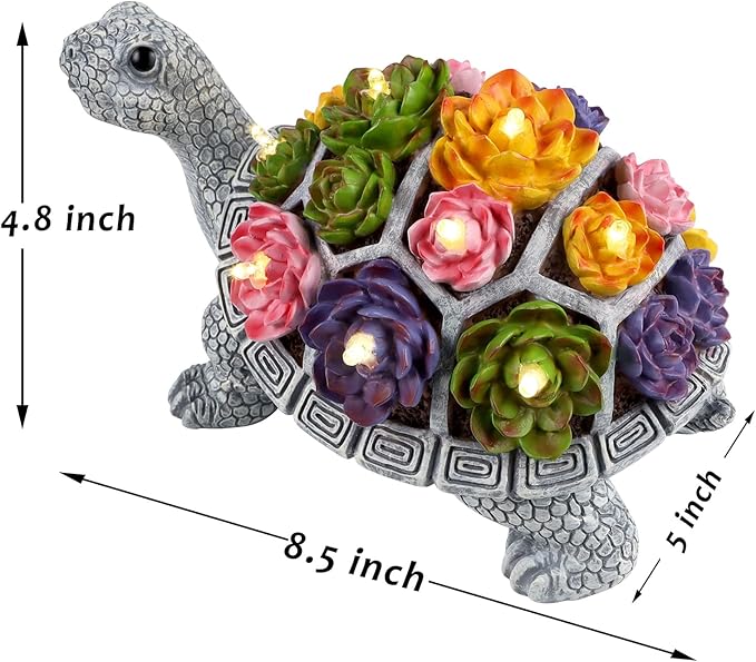 FORUP Turtle Garden Statue, Resin Turtle Figurine Garden Lawn Ornaments with Solar LED Lights for Outdoor Yard Garden Decorations, Grey