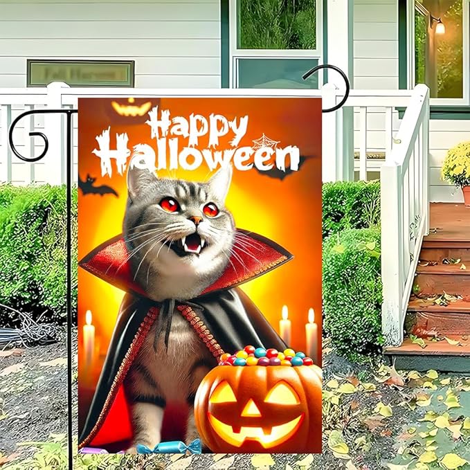 Halloween Garden Flag 11.81 x 17.72 Inch Gray Cat in Vampire Cape with Fangs Pumpkin Candy Bats and Happy Halloween Outdoor Yard Decoration for Holiday Party