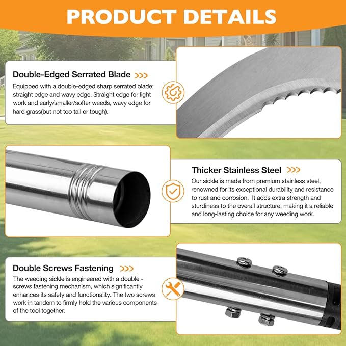 Long Handle Weeding Sickle, Sickle Garden Tool with Serrated Double-Edged Blade, Grass Sickle Stand Up Weeding Tool, Grass Whip for Yard