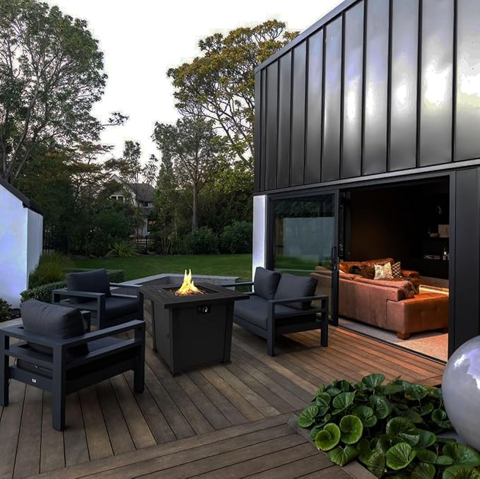 28'' Propane Fire Pit Table, 50,000 BTU Fire Table with Steel Lid, Big Legs, Laval Rocks.