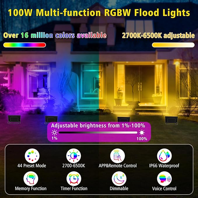 T-SUN RGB Flood Lights Outdoor, 1000W Equivalent Color Changing Landscape LED Light with APP & WiFi & Remote Control, Waterproof Floodlight with 16 Million Colors, Timing, Music Sync (100W-4Pack)
