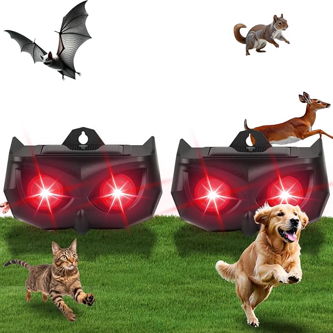 2 Pack Solar Animal Repellent for Coyote, Fox, Raccoon Waterproof Nocturnal Deterrent Lights with Red Flashing LEDs Outdoor Skunk Deterrent