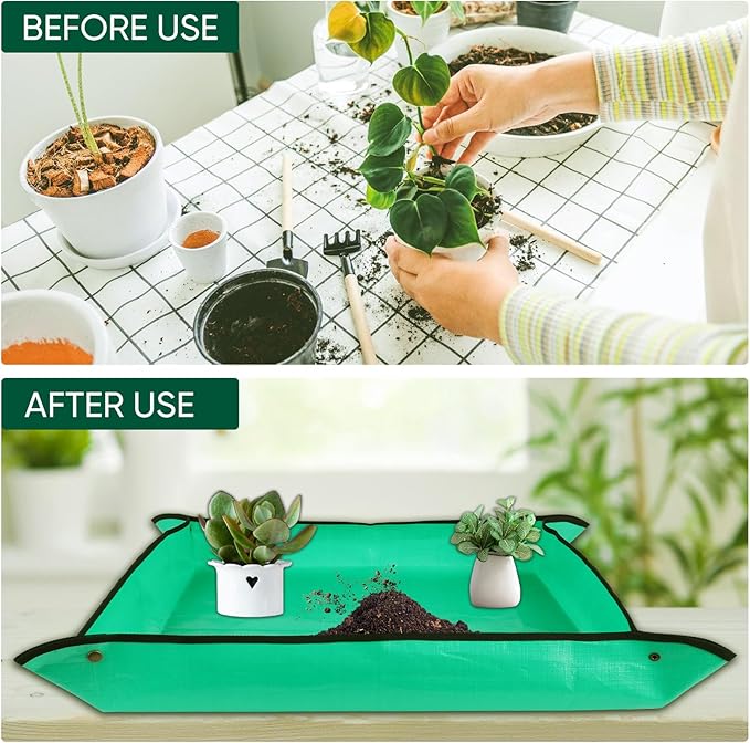 Repotting Mat for Indoor Plant Transplanting - 39.5'' x 31.5'' Planting Mat Soil Mess Control, Portable Succulent Planting Potting Tray Waterproof Gardening Tools (Pale Green)