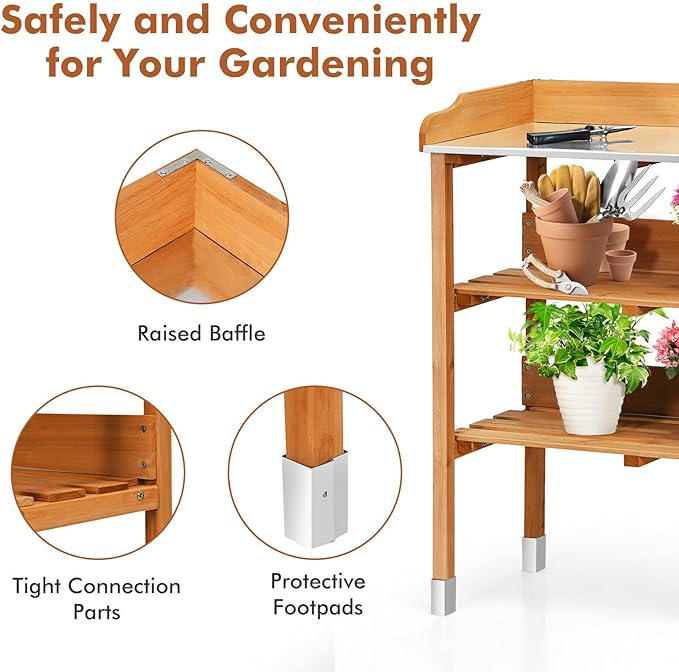S AFSTAR Potting Bench, Work Station with Fir Wood Construction & Metal Tabletop, Garden Planting Table w/Open Shelves and Hanging Hooks, Gardening Table Potting Table for Outside Backyard Balcony