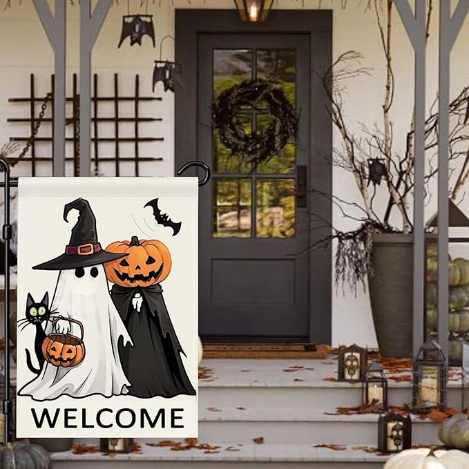 Welcome Halloween Garden Flag 12x18 Double Sided Outside Ghost Jack-o'-Lantern Bat Outdoor Decorative Burlap Yard Flag