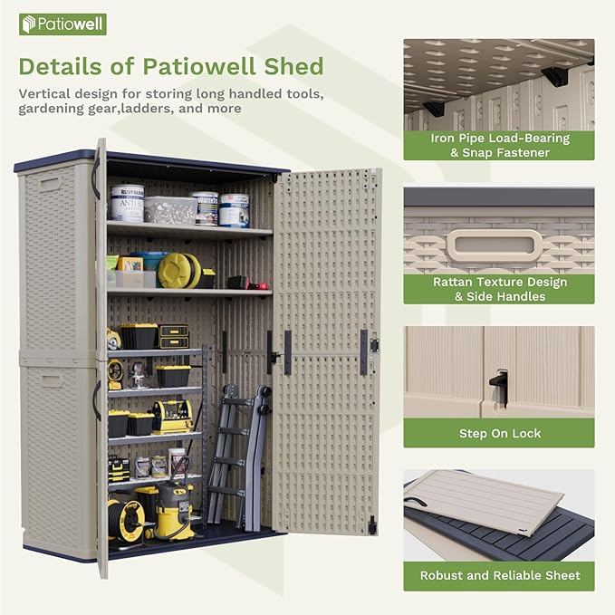 Patiowell 50 cu.ft Plastic Outdoor Storage Shed, Lockable Waterproof Resin Storage Cabinet Vertical Storage Shed for Garden Tools, Garbage Cans, Pool Supplies, Beige(Not Include Shelves)