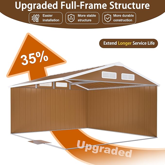 Outdoor Tool Shed 12x10 FT Heavy-Duty Metal Storage Shed with Lockable Door, Windows & Ventilation - Weather-Resistant Roof Garden Shed for Backyard, Patio, Lawn (Brown)