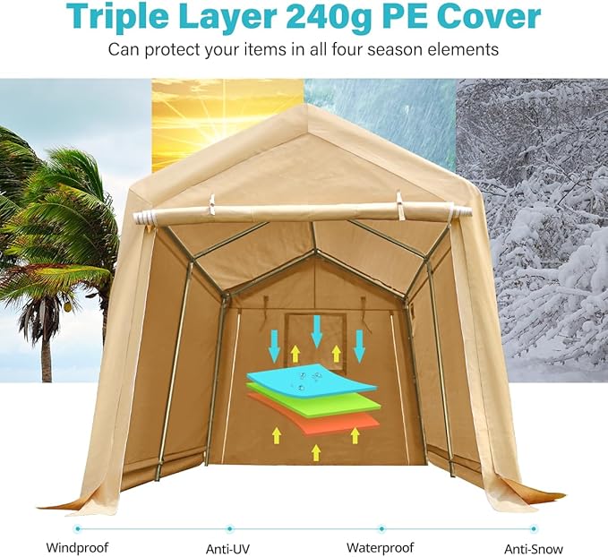 ADVANCE OUTDOOR 8X14 ft Steel Metal Peak Roof Portable Garage Shelter Storage Shed Carport for Motorcycle Bike or Garden Tools with 2 Roll up Doors & Vents, Beige