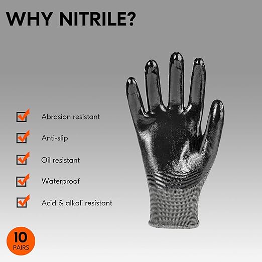 Vgo... 10-Pairs Safety Work Gloves, Gardening Gloves, Non-slip Nitrile coating, Dipping Gloves (Size XL, Gray, NT2110)