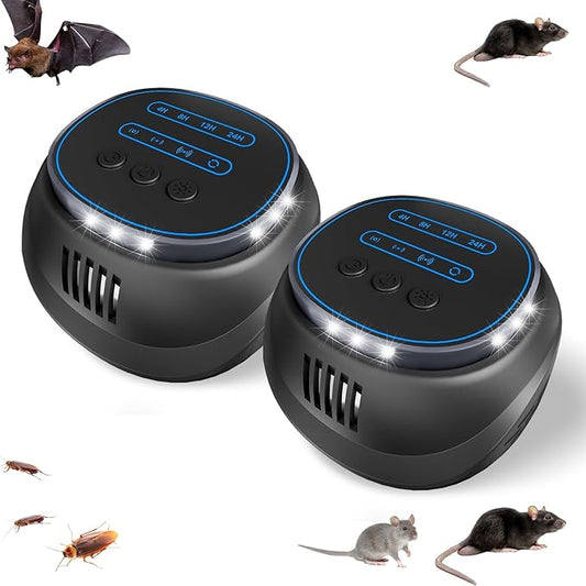 2025 Upgraded Mouse Repellent, Ultrasonic Pest Repeller-Chemical-Free, Multi-Mode Rodent Repellent with Timer Function, Indoor Insect Defense for Cockroaches, Mosquitoes, Insects, Spiders 2Pack